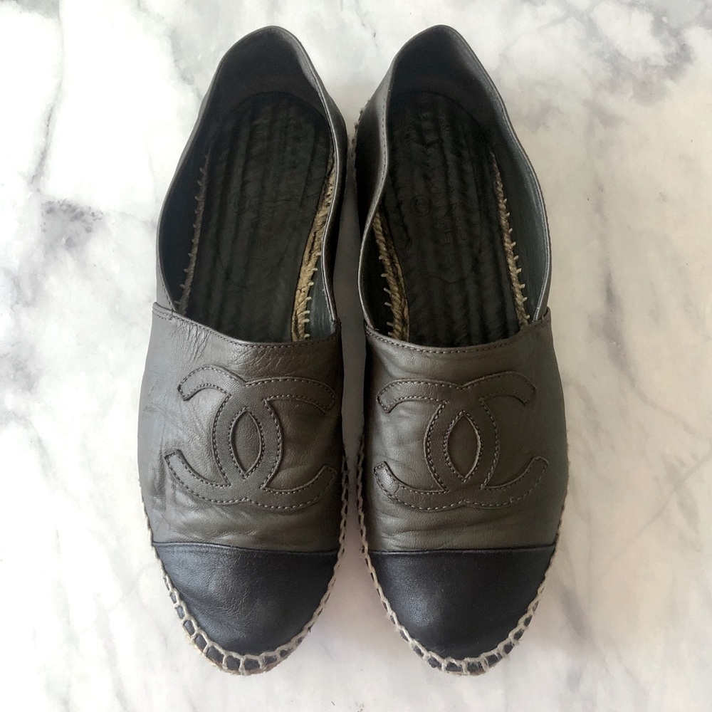 CHANEL Taupe/Grey/Khaki with Black Captoe Lambskin Espadrilles